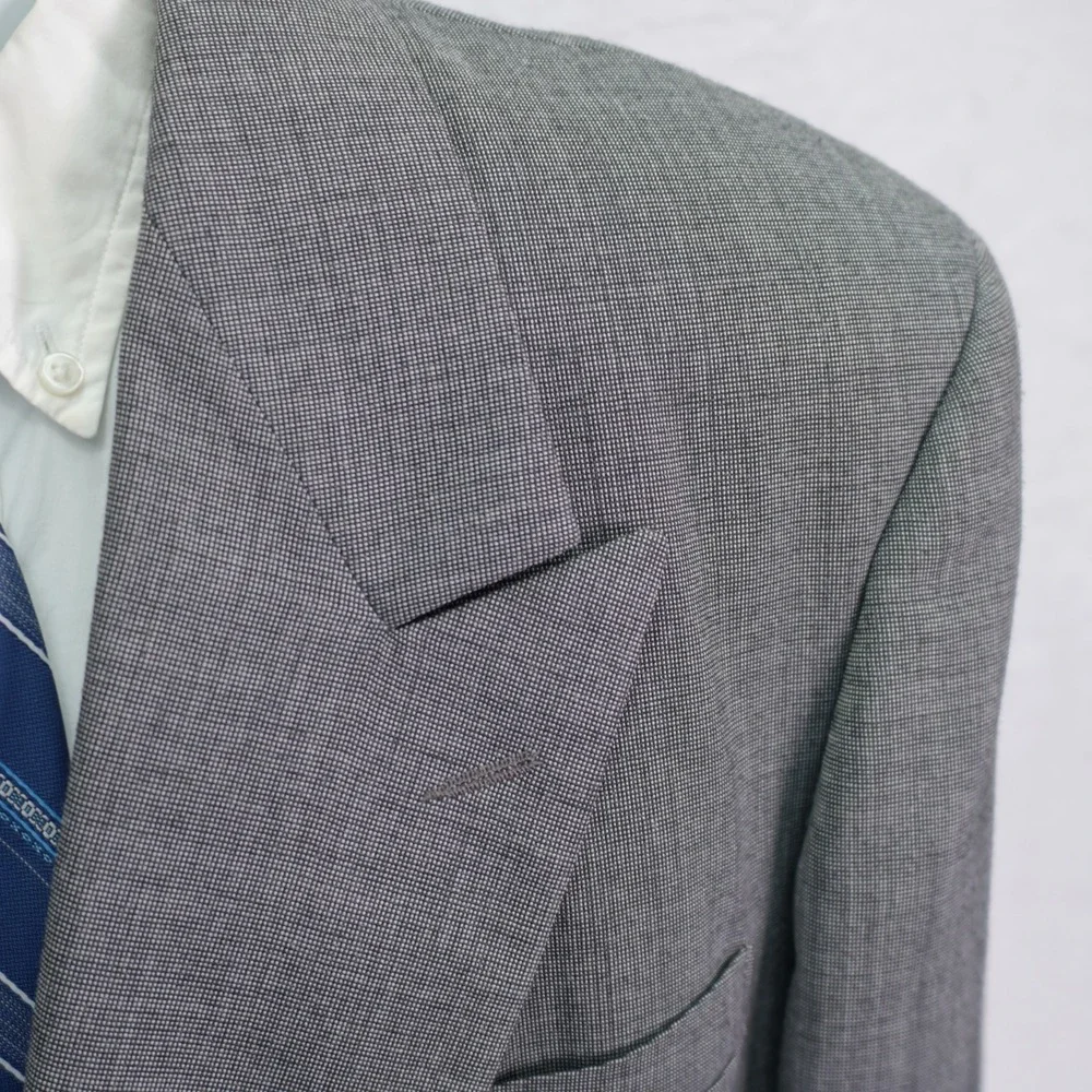 Haggar Wool 2 Piece Suit Gray Birdseye -42L  35 / 30.5- Double Breasted Peak Lap